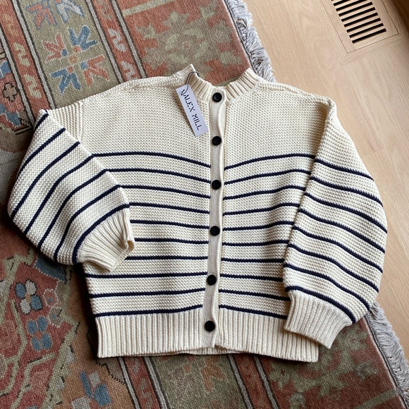 Alex Mill Sweaters - Alex Mill - Button-Back Crewneck Sweater || Ivory + Dark Navy Stripe - Size LG